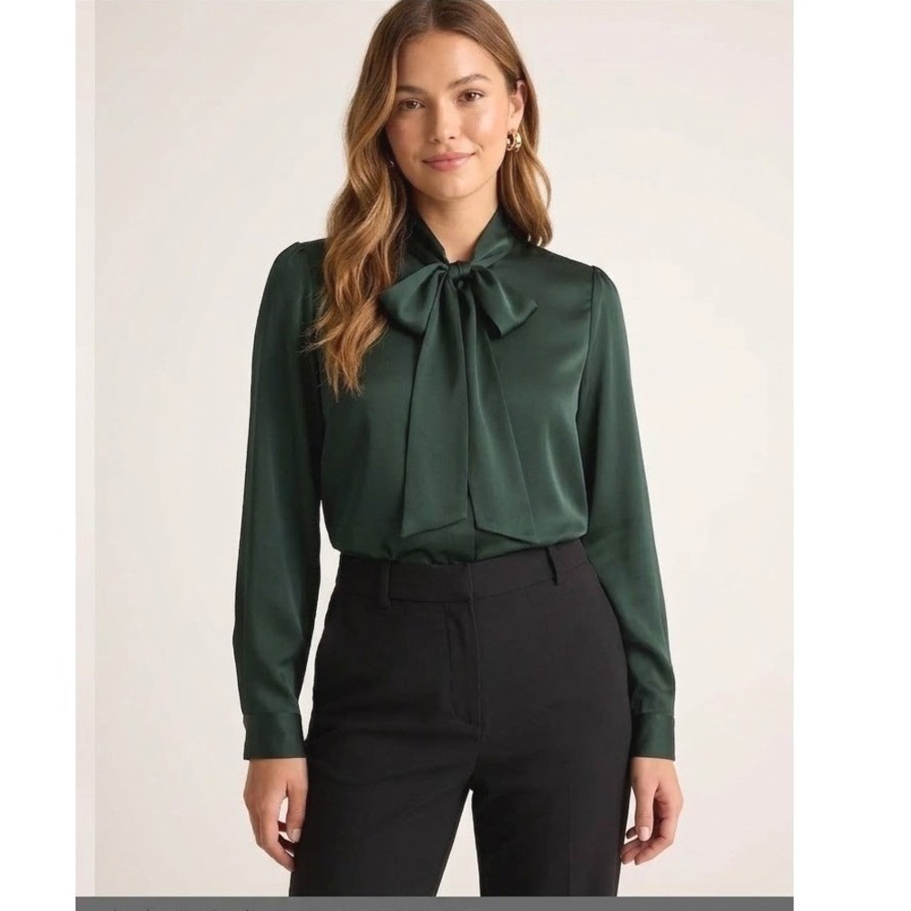 Quince Washable Stretch Silk Tie Neck Blouse M Forest Green Long Sleeve Academia